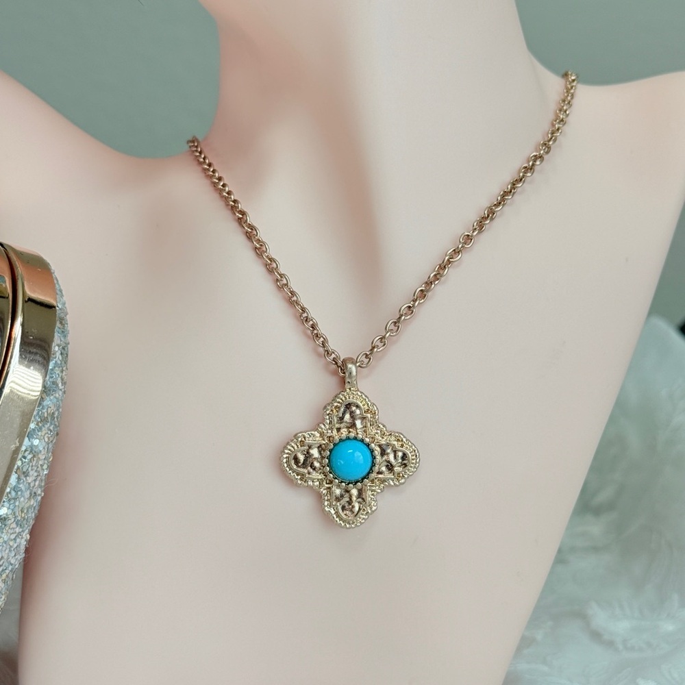Gold and Turquoise Pendant Necklace - Picture 4 of 8